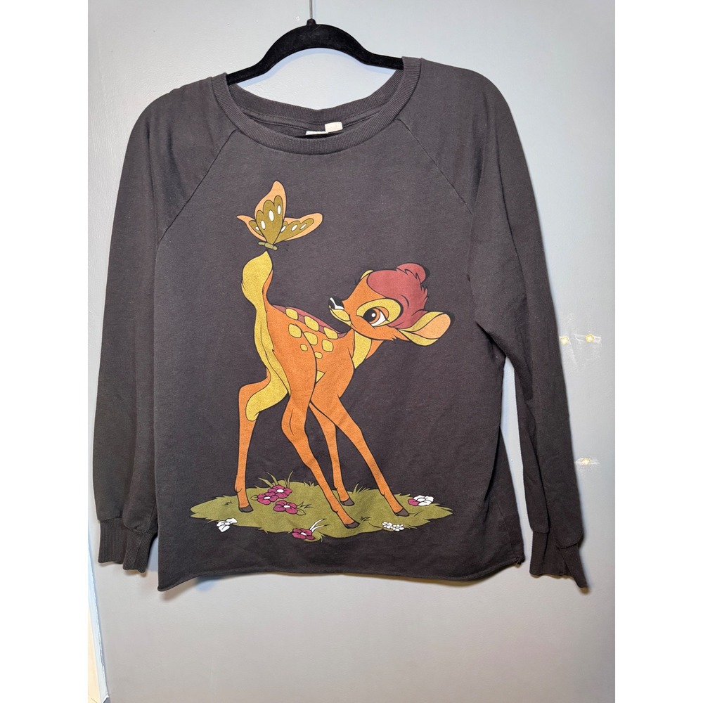 Disney Forever 21 Bambi Graphic Sweatshirt Gray Raglan Raw Hem Medium
